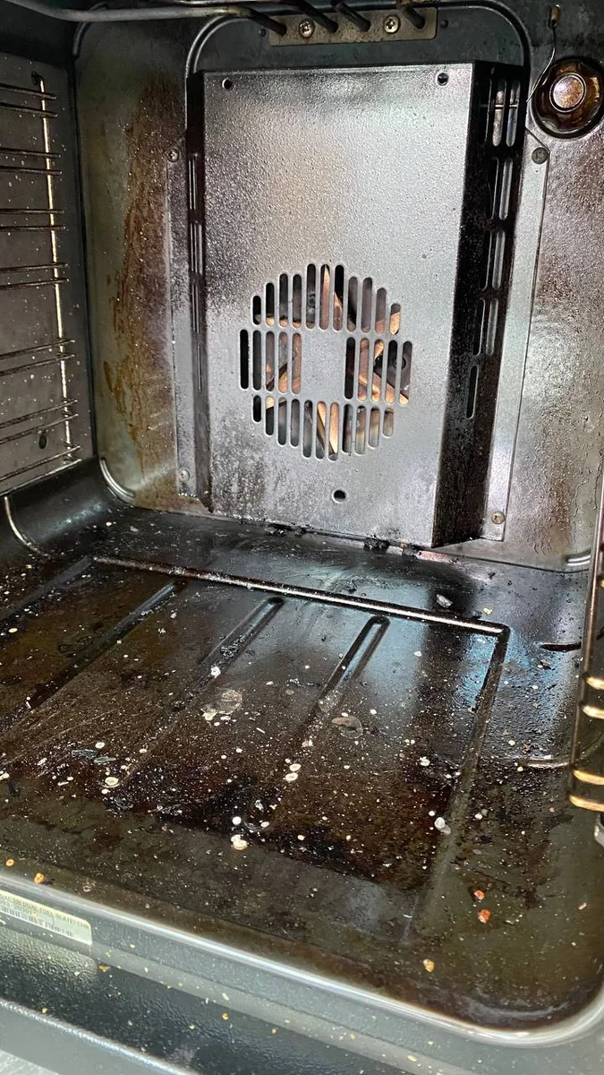 Oven back panel and floor thick with grease and burnt food before degreasing